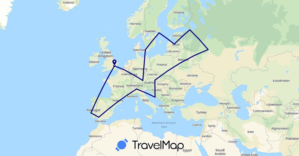 TravelMap itinerary: driving in Austria, Belgium, Germany, Denmark, Spain, United Kingdom, Croatia, Italy, Latvia, Portugal, Russia, Sweden (Europe)